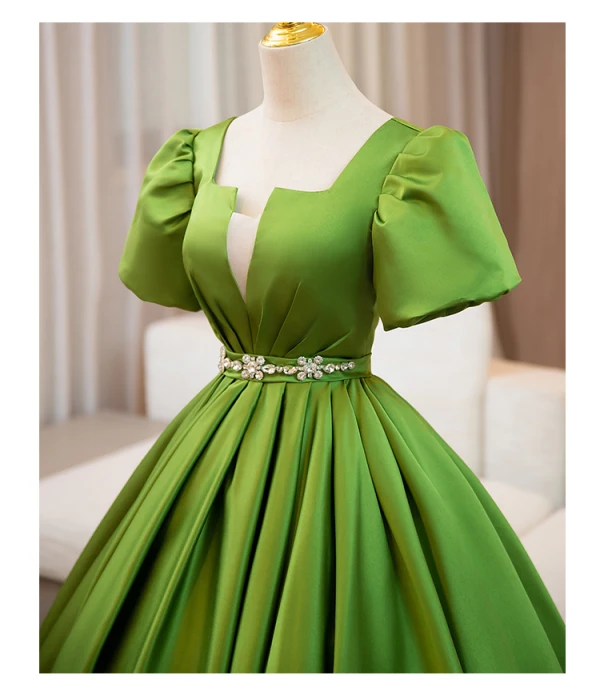 Elegant Green Rhinestone Sash Prom Dresses 2024 Ball Gown Square Neckline Short Sleeve Backless Floor-Length / Long Prom Formal Dresses