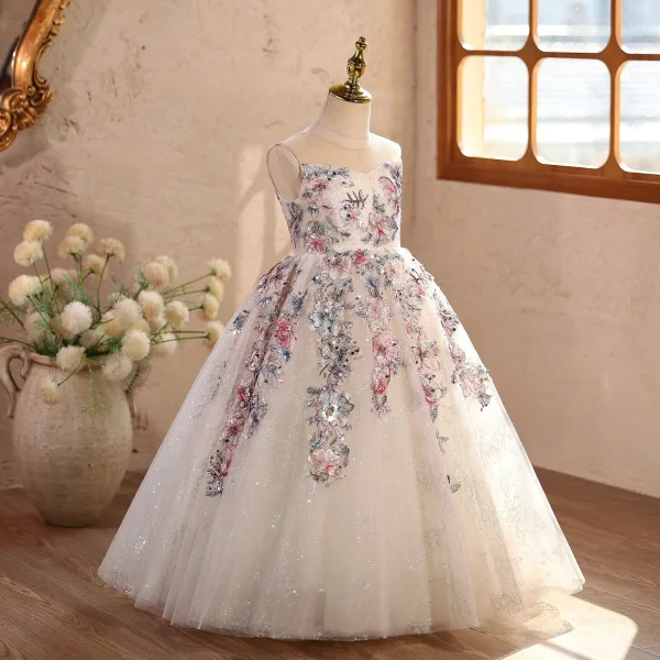 Vintage / Originale Bling Bling Blanche Paillettes En Dentelle Fleur Anniversaire Robe Ceremonie Fille 2026 Robe Boule Encolure Dégagée Sans Manches Dos Nu Longue Tulle