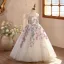 Vintage / Originale Bling Bling Blanche Paillettes En Dentelle Fleur Anniversaire Robe Ceremonie Fille 2026 Robe Boule Encolure Dégagée Sans Manches Dos Nu Longue Tulle