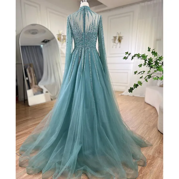 High End Elegante Lindgrün Handgefertigt Perlenstickerei Pailletten Ballkleider 2024 A Linie Stehkragen Lange Ärmel Sweep / Pinsel Zug Ball Festliche Kleider