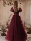 Elegant Burgundy Sequins Prom Dresses A-Line / Princess 2025 Square Neckline Puffy Short Sleeve Backless Floor-Length / Long Prom Formal Dresses