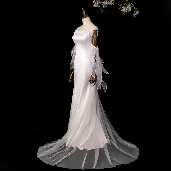 High-end Fashion White Appliques Wedding Dresses 2026 Trumpet / Mermaid Strapless Sleeveless Backless Sweep Train
