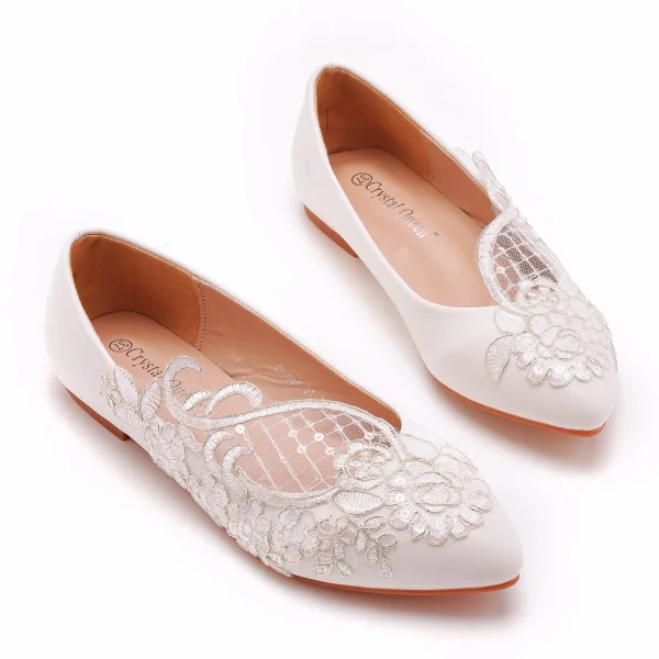 Élégant Blanche Paillettes En Dentelle Fleur Plate Chaussure De Mariée 2023 À Bout Pointu Mariage Talons