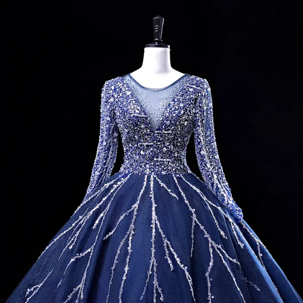 Vintage / Originale Bleu Marine Perlage Paillettes Robe De Bal 2022 Robe Boule Encolure Dégagée Dos Nu Manches Longues Longue Promo Robe De Ceremonie