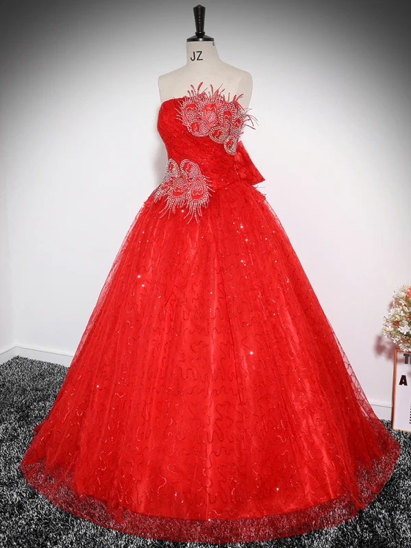 Schöne Rot Strass Pailletten Ballkleider 2024 Ballkleid Bandeau Ärmellos Rückenfreies Schleife Lange Ball Festliche Kleider