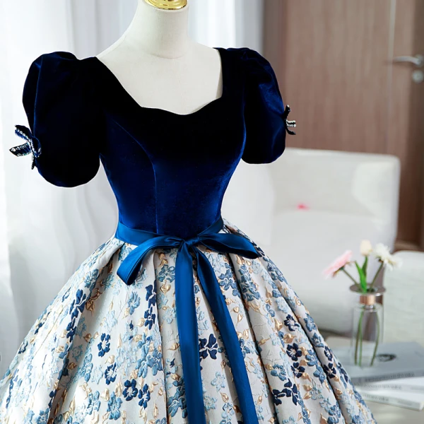 Elegant Navy Blue Floral Prom Dresses 2022 Ball Gown Square Neckline Bow Sash Short Sleeve Backless Floor-Length / Long Prom Formal Dresses