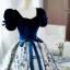 Elegant Navy Blue Floral Prom Dresses 2022 Ball Gown Square Neckline Bow Sash Short Sleeve Backless Floor-Length / Long Prom Formal Dresses
