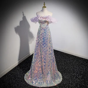 Sexy Sparkly Lavender Laser Sequins Evening Dresses 2023 A Line Princess Off The Shoulder Sleeveless Backless Floor Length Long Evening Party Formal Dresses