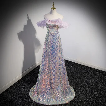 Sexy Scintillantes Lavande Laser Paillettes Robe De Soirée 2023 Princesse De L Épaule Sans Manches Dos Nu Longue Soirée Robe De Ceremonie
