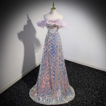 Sexy Scintillantes Lavande Laser Paillettes Robe De Soirée 2023 Princesse De L Épaule Sans Manches Dos Nu Longue Soirée Robe De Ceremonie