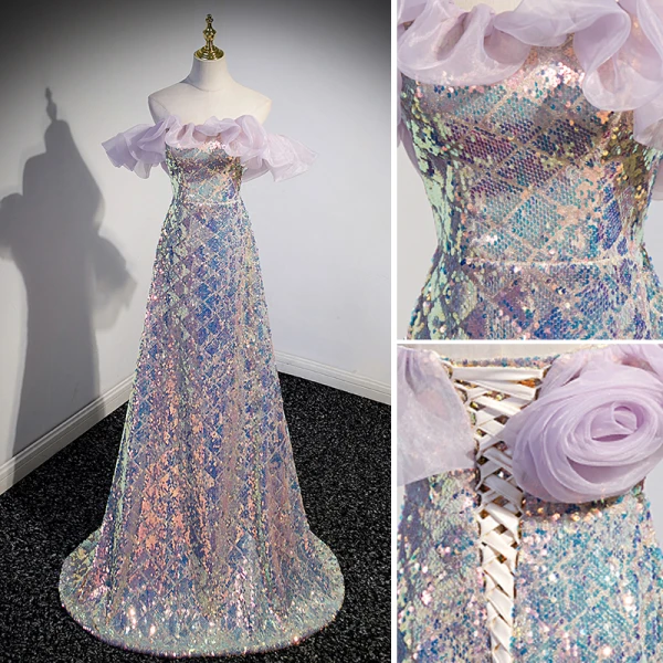 Sexy Sparkly Lavender Laser Sequins Evening Dresses 2023 A-Line / Princess Off-The-Shoulder Sleeveless Backless Floor-Length / Long Evening Party Formal Dresses