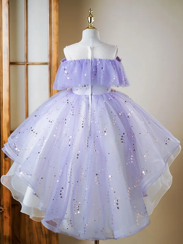 Fashion Lavender Beading Star Sequins Lace Flower Asymmetrical Birthday Flower Girl Dresses 2024 Ball Gown Scoop Neck Sleeveless Tulle