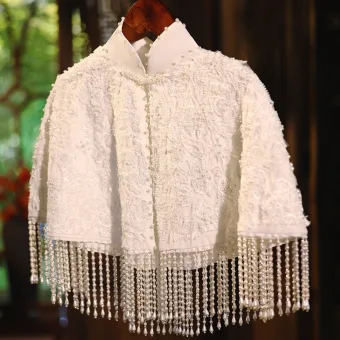 Elegant White Handmade Pearl Lace Flower High Neck Shawls 2025