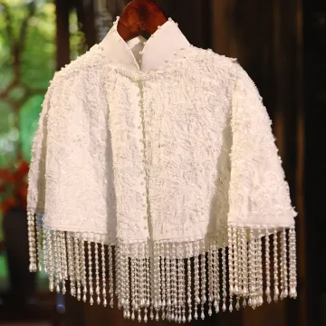 Elegant White Handmade Pearl Lace Flower High Neck Shawls 2025