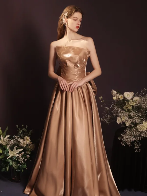 Sexy Khaki Satin Summer Evening Dresses 2023 A-Line / Princess Strapless Sleeveless Backless Bow Floor-Length / Long Evening Party Formal Dresses