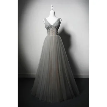 Charmant Gris Fait Main Perlage Paillettes Robe De Bal 2024 Princesse V Cou Sans Manches Dos Nu Longue Robe De Ceremonie