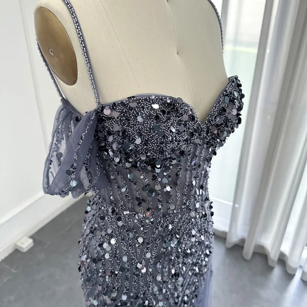 Haut de Gamme Sexy Rougissant Rose Fait main Perlage Paillettes Fendue devant Robe De Bal 2024 Trompette / Sirène Bretelles Spaghetti Manches Courtes Dos Nu Longue Promo