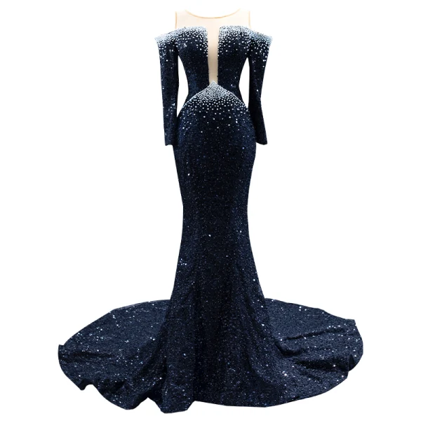 High End Schwarz Perlenstickerei Perle Pailletten Abendkleider 2023 Meerjungfrau Rundhalsausschnitt 3/4 Ärmel Lange Abend Festliche Kleider