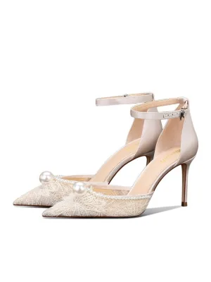 Élégant Blanche Perle En Dentelle Chaussure De Mariée 2024 8 Cm Talons Aiguilles À Bout Pointu Mariage Talons Hauts
