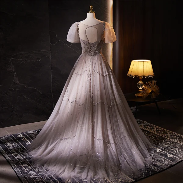 Luxe Haut de Gamme Rougissant Rose Fait main Perlage Perle Faux Diamant Robe De Bal 2023 Princesse Encolure Carrée Gonflée Manches Courtes Dos Nu Train De Balayage Promo Robe De Ceremonie