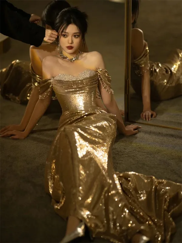Sparkly Gold Sequins Evening Dresses 2024 Trumpet / Mermaid Off-The-Shoulder Sleeveless Backless Floor-Length / Long Evening Party Formal Dresses