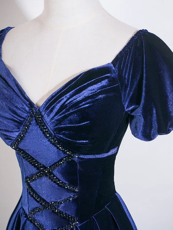 Vintage Marineblau Perlenstickerei Ballkleider 2026 A Linie Eckiger Ausschnitt Geschwollenes Kurze Ärmel Rückenfreies Lange Festliche Kleider