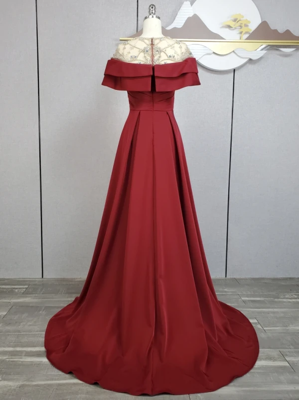 Vintage / Retro Navy Blue Beading Sequins Rhinestone Prom Dresses 2024 A-Line / Princess Scoop Neck Short Sleeve Sweep Train Prom Formal Dresses