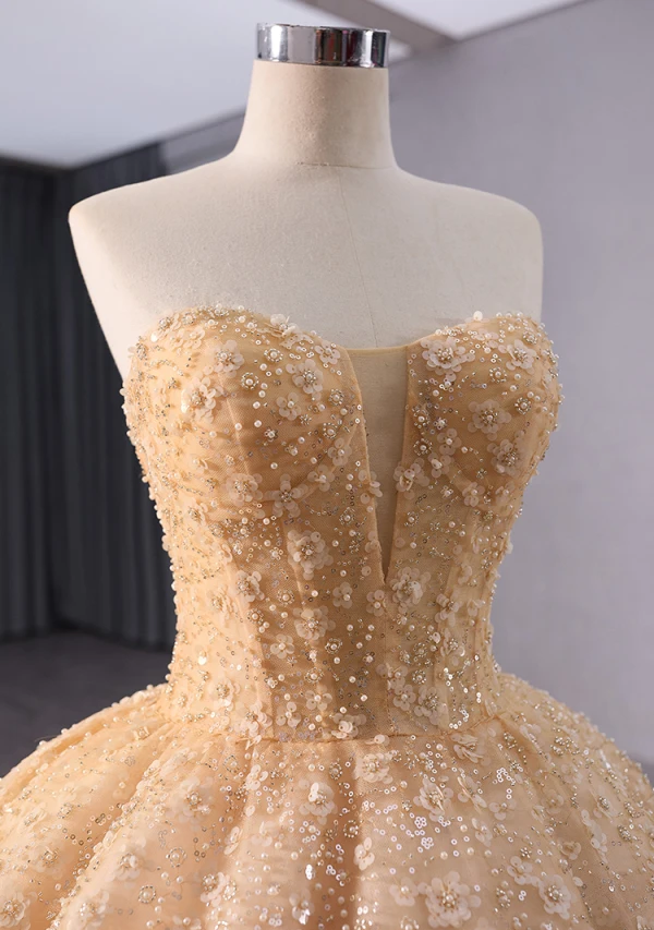 High-end Bling Bling Gold Beading Sequins Pearl Prom Dresses 2024 Ball Gown Strapless Sleeveless Backless Sweep Train Prom Formal Dresses