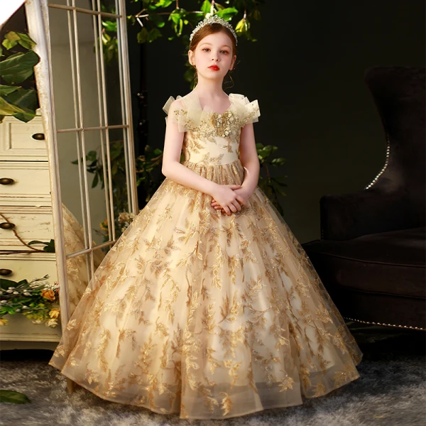 Fashion Gold Sequins Pearl Lace Flower Prom Flower Girl Dresses 2022 Ball Gown Scoop Neck Short Sleeve Floor-Length / Long Flower Girl Dresses