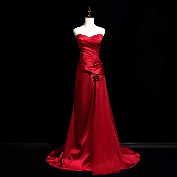 Sexy Burgundy Satin Evening Dresses 2025 A-Line / Princess Off-The-Shoulder Short Sleeve Backless Floor-Length / Long Formal Dresses
