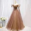 Schöne Kaffee Perlenstickerei Strass Pailletten Ballkleider 2022 A Linie Off Shoulder Kurze Ärmel Rückenfreies Lange Ball Festliche Kleider