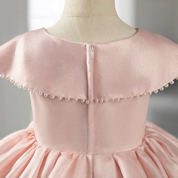 Lovely Blushing Pink Pearl Birthday Short Flower Girl Dresses 2022 Ball Gown Scoop Neck Bow Short Sleeve Flower Girl Dresses