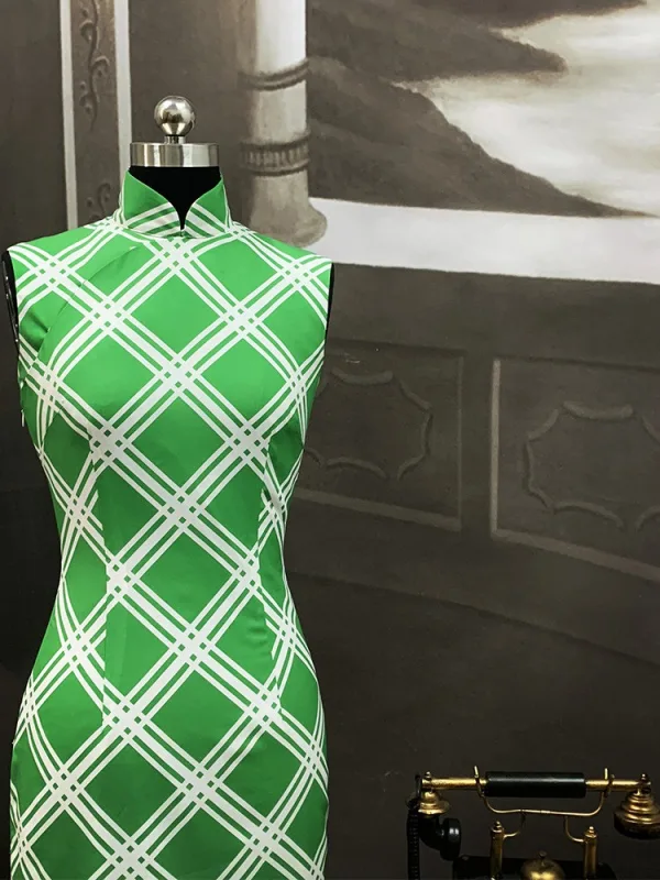 Vintage / Retro Green Striped Tea-length Cheongsam 2026 Trumpet / Mermaid High Neck Sleeveless