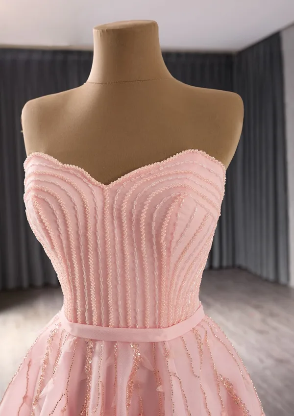 High End Rosa Handgefertigt Perlenstickerei Pailletten Ballkleider 2024 Ballkleid Bandeau Ärmellos Rückenfreies Lange Ball Festliche Kleider