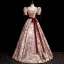 Modern / Fashion Burgundy Printing Prom Dresses 2023 Ball Gown Square Neckline Short Sleeve Backless Bow Sash Floor-Length / Long Prom Formal Dresses