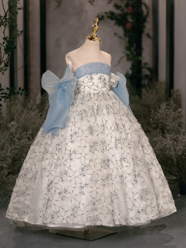 Chic / Beautiful Sky Blue Beading Birthday Flower Girl Dresses 2024 Ball Gown Strapless Sleeveless Bow Backless Floor-Length / Long