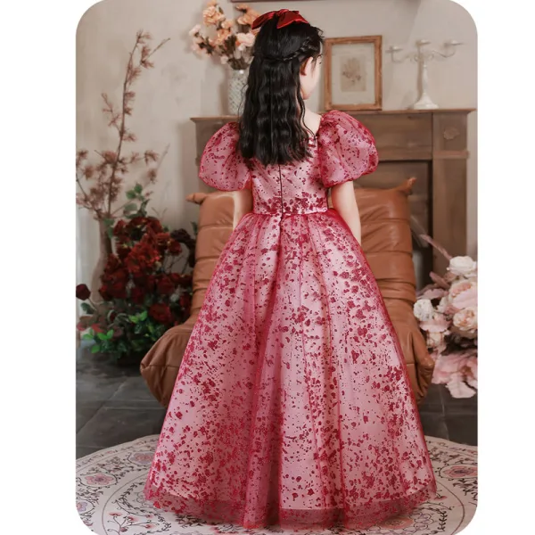 Chic / Beautiful Red Sequins Evening Party Flower Girl Dresses 2022 A-Line / Princess V-Neck Puffy Short Sleeve Floor-Length / Long Flower Girl Dresses