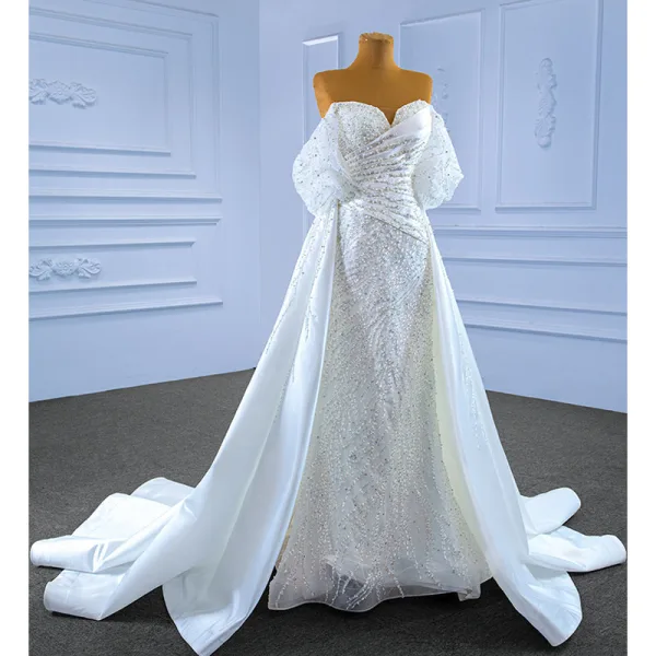 Charming White Trumpet / Mermaid Wedding Dresses 2022 Off-The-Shoulder Puffy Short Sleeve Backless Beading Pearl Sequins Floor-Length / Long Wedding