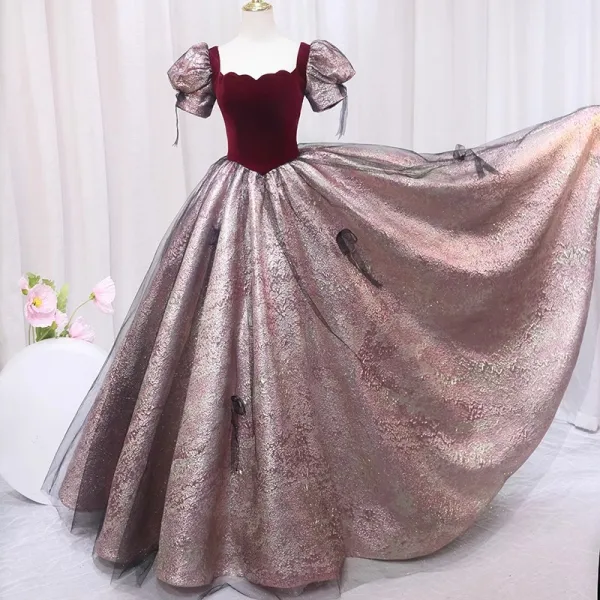 Elegant Burgundy Glitter Prom Dresses 2024 Ball Gown Square Neckline Puffy Short Sleeve Backless Floor-Length / Long Prom Formal Dresses