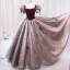 Elegant Burgundy Glitter Prom Dresses 2024 Ball Gown Square Neckline Puffy Short Sleeve Backless Floor-Length / Long Prom Formal Dresses
