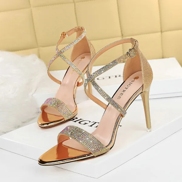 Sexy Black Rhinestone Sequins Evening Party Womens Shoes 2022 X-Strap 9 cm Stiletto Heels Open / Peep Toe Sandals High Heels
