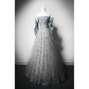 Charming Grey Glitter Sequins Prom Dresses 2024 A Line Princess Strapless Bow Sleeveless Backless Floor Length Long Formal Dresses