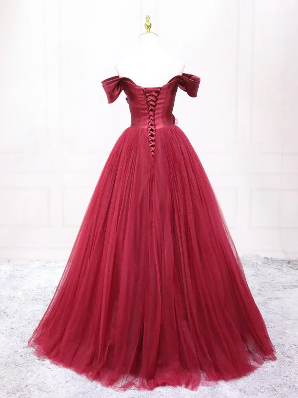 Elegant Burgundy Prom Dresses 2025 Ball Gown Off-The-Shoulder Short Sleeve Backless Floor-Length / Long Prom Formal Dresses