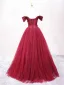 Elegant Burgundy Prom Dresses 2025 Ball Gown Off-The-Shoulder Short Sleeve Backless Floor-Length / Long Prom Formal Dresses