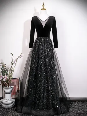 Sparkly Black Sequins Evening Dresses 2026 A Line Princess V Neck Long Sleeve Backless Floor Length Long Evening Party Formal Dresses