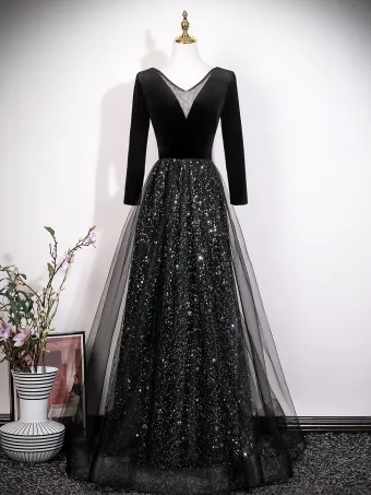 Scintillantes Noire Paillettes Robe De Soirée 2026 Princesse V Cou Manches Longues Dos Nu Longue Soirée Robe De Ceremonie