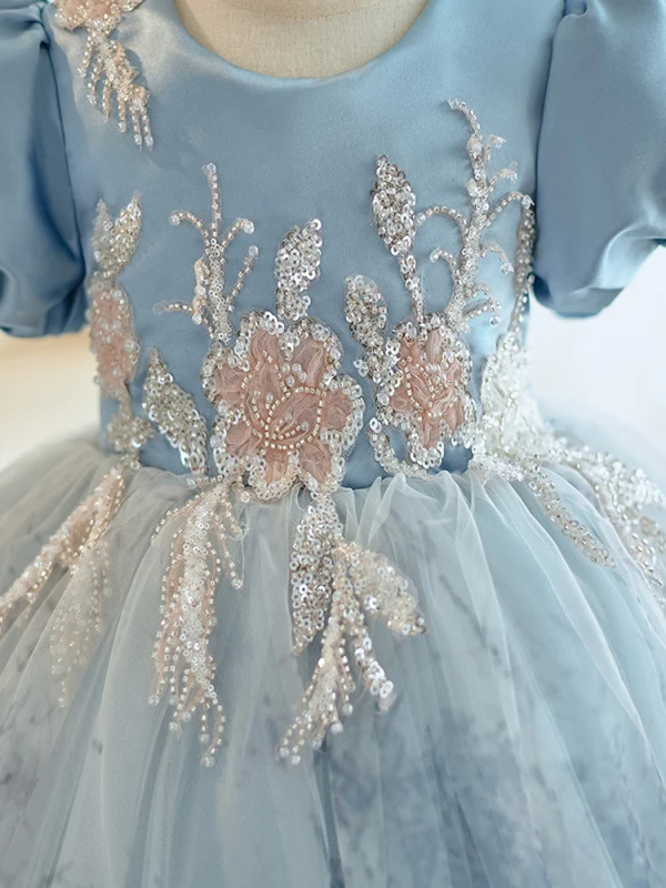 Chic / Beautiful Sky Blue Beading Sequins Short Birthday Flower Girl Dresses 2023 Ball Gown Scoop Neck Puffy Short Sleeve Backless Tulle