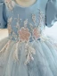 Chic / Beautiful Sky Blue Beading Sequins Short Birthday Flower Girl Dresses 2023 Ball Gown Scoop Neck Puffy Short Sleeve Backless Tulle