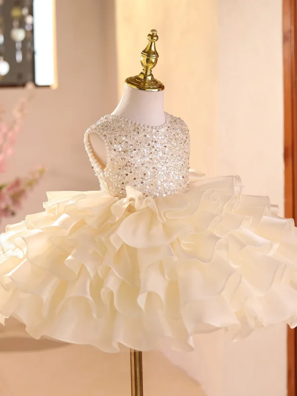 Bling Bling Champagne Sequins Cascading Ruffles Birthday Flower Girl Dresses 2026 Ball Gown Scoop Neck Sleeveless Bow Short