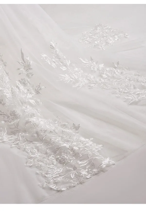 Schlicht Weiß Spitze Blumen Leichtes Brautkleider / Hochzeitskleider 2025 A Linie Off Shoulder Lange Ärmel Rückenfreies Sweep / Pinsel Zug